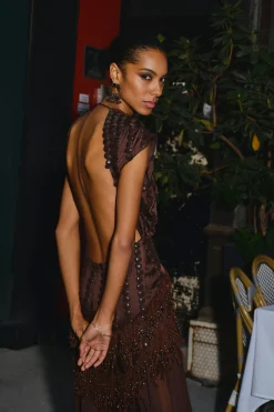 DIOTIMA Mona Embellished Sheer Dress in Coffee | Midi | Black Tie