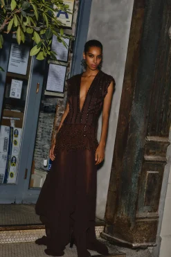 DIOTIMA Mona Embellished Sheer Dress in Coffee | Midi | Black Tie