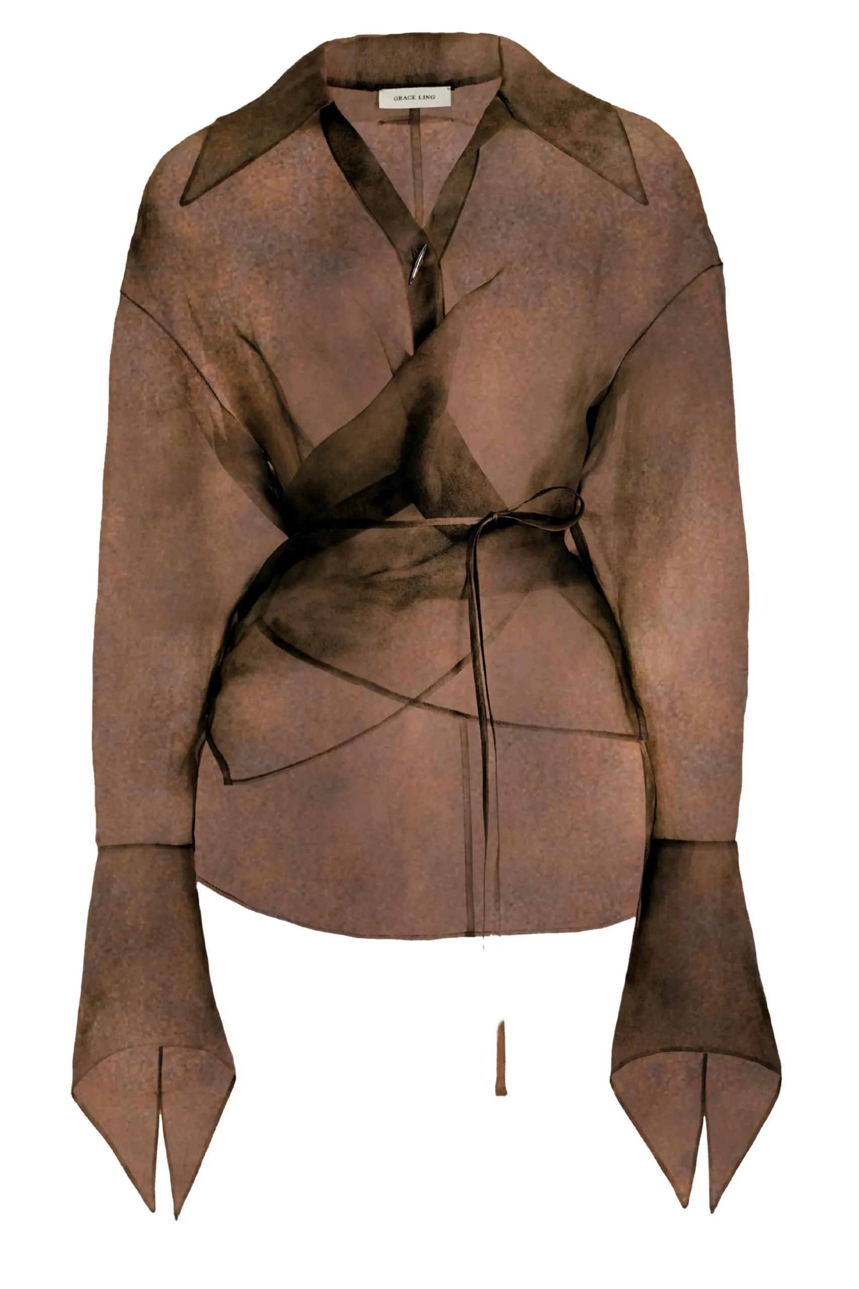 GRACE LING Rust Silk Satin Organza Stitches Wrap Shirt | Statement Sets | Shirts & Tops