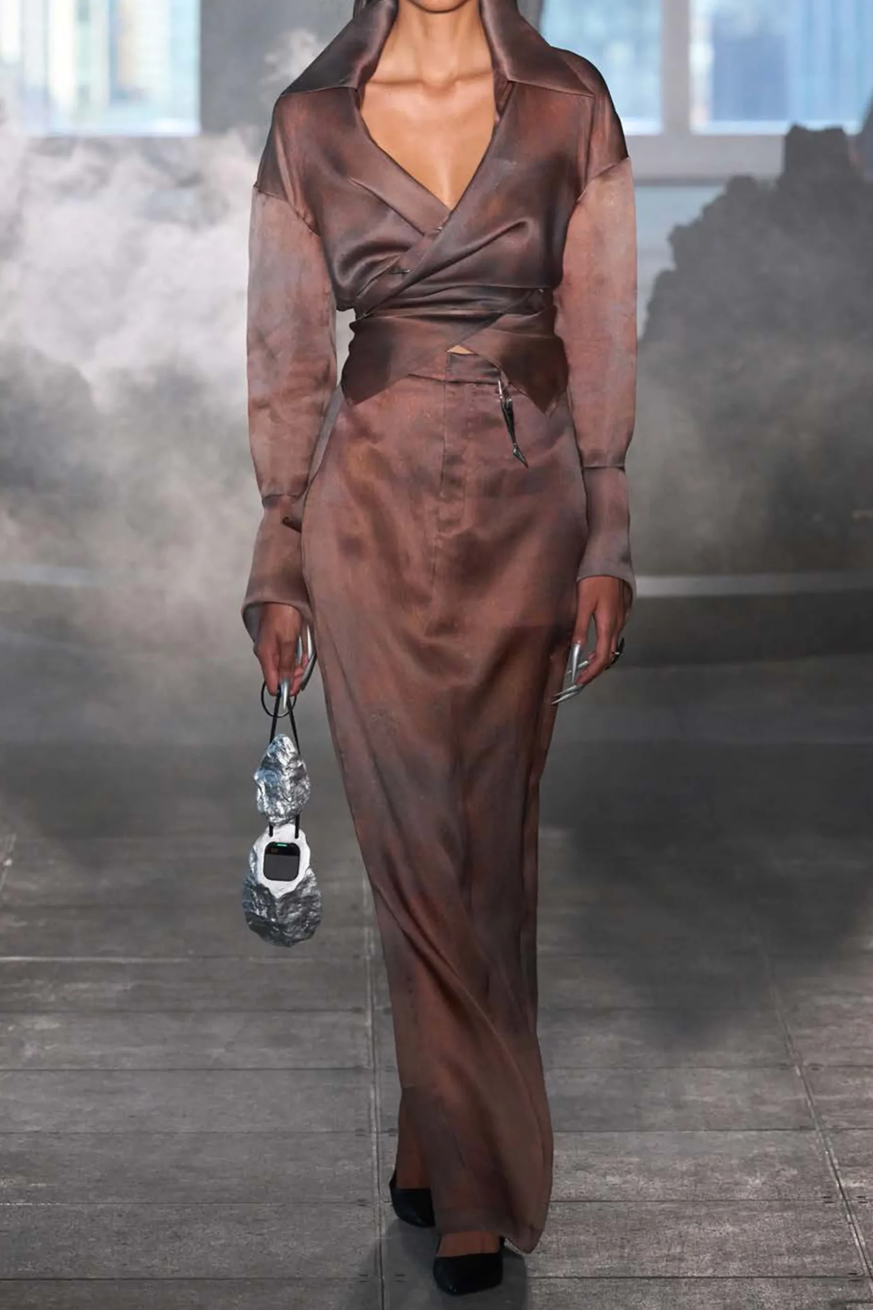 GRACE LING Rust Silk Satin Organza Stitches Wrap Shirt | Statement Sets | Shirts & Tops